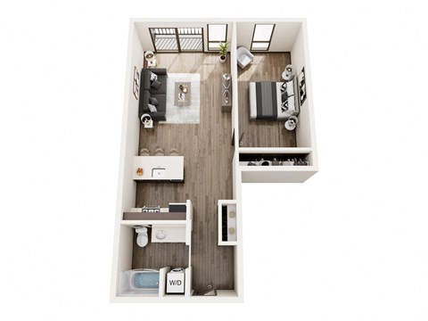 a stylized floor plan with a bedroom and a living room